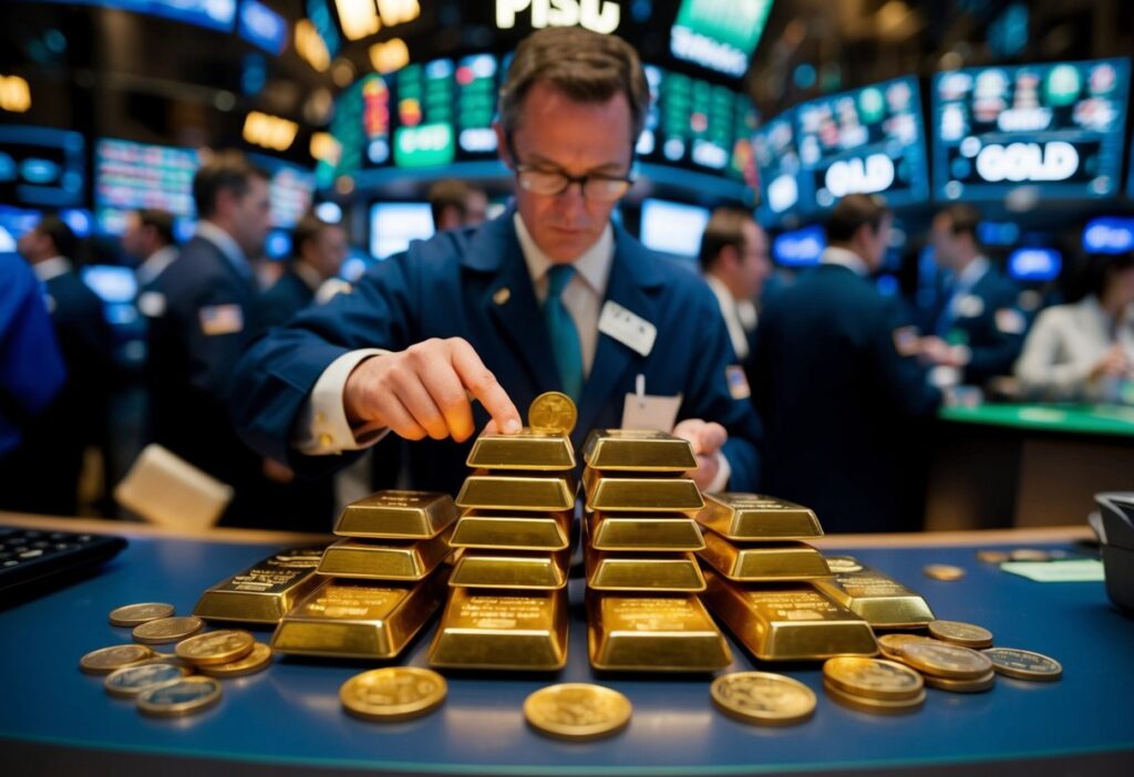 man at stock exchange looking at gold bars and coins
