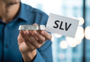 man holding silver bar with paper next to it that says slv