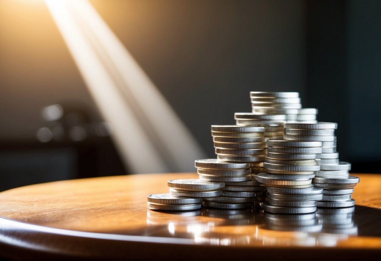 silver coins on a wooden table