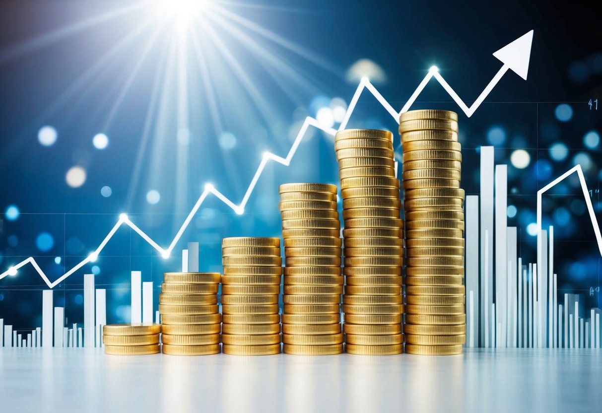 gold coins in foreground with chart going up up and up in the background