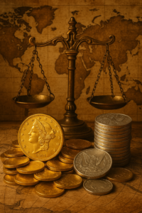 Gold and silver coins with a scale and a map in the background | Metals Edge Gold and silver coins with a scale and a map in the background