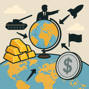 a globe with a tank, politician, rocket, flag, and gold and silver | Metals Edge a globe with a tank, politician, rocket, flag, and precious metals