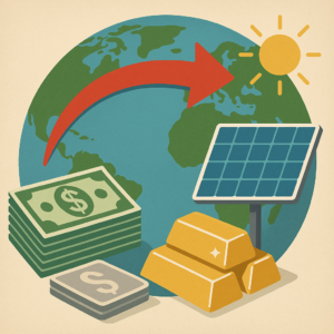 Globe with cash, silver, gold, and solar panels | Metals Edge Globe with cash, silver, gold, and solar panels