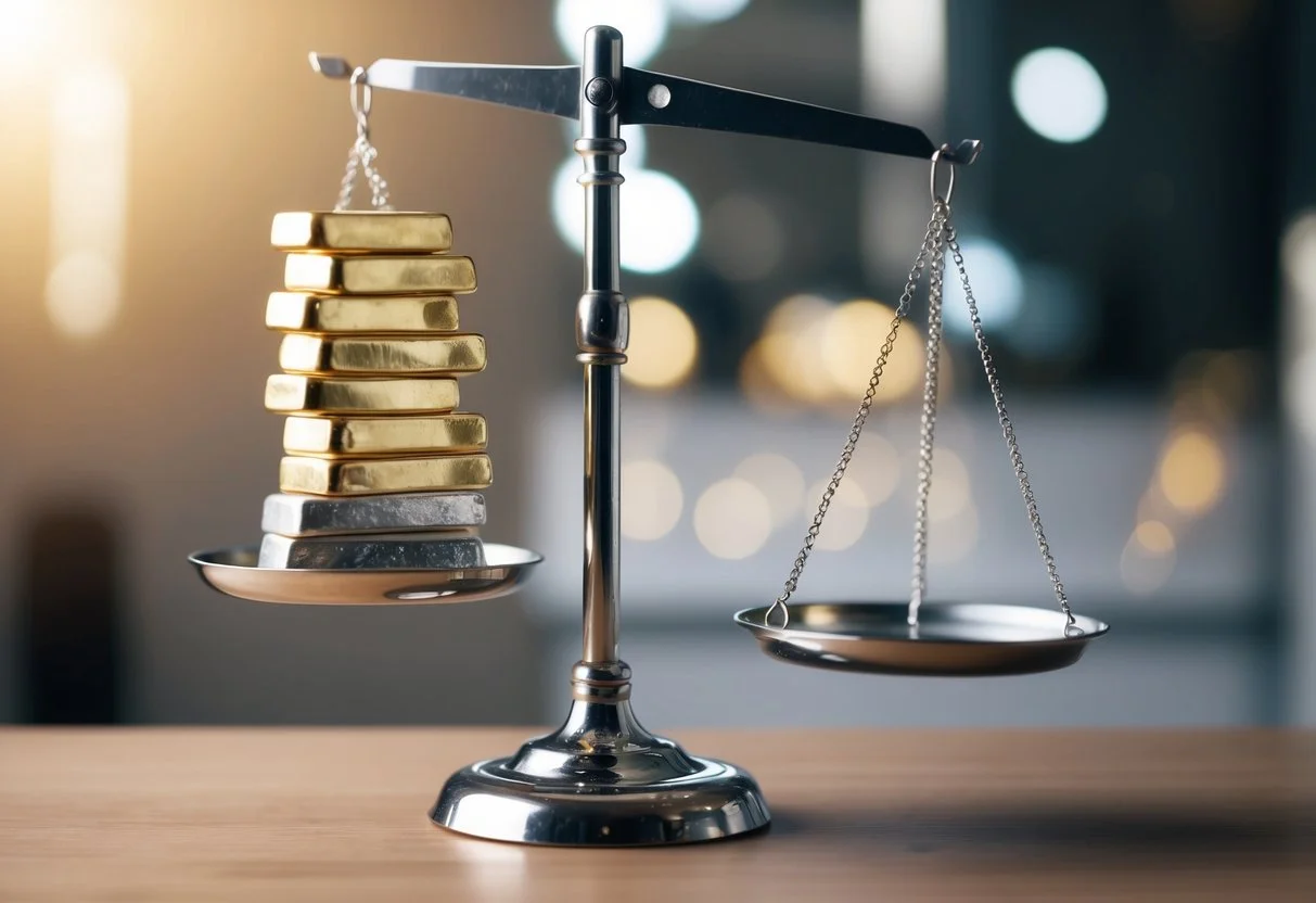 gold and silver on a scale versus the value of paper money aka nothing