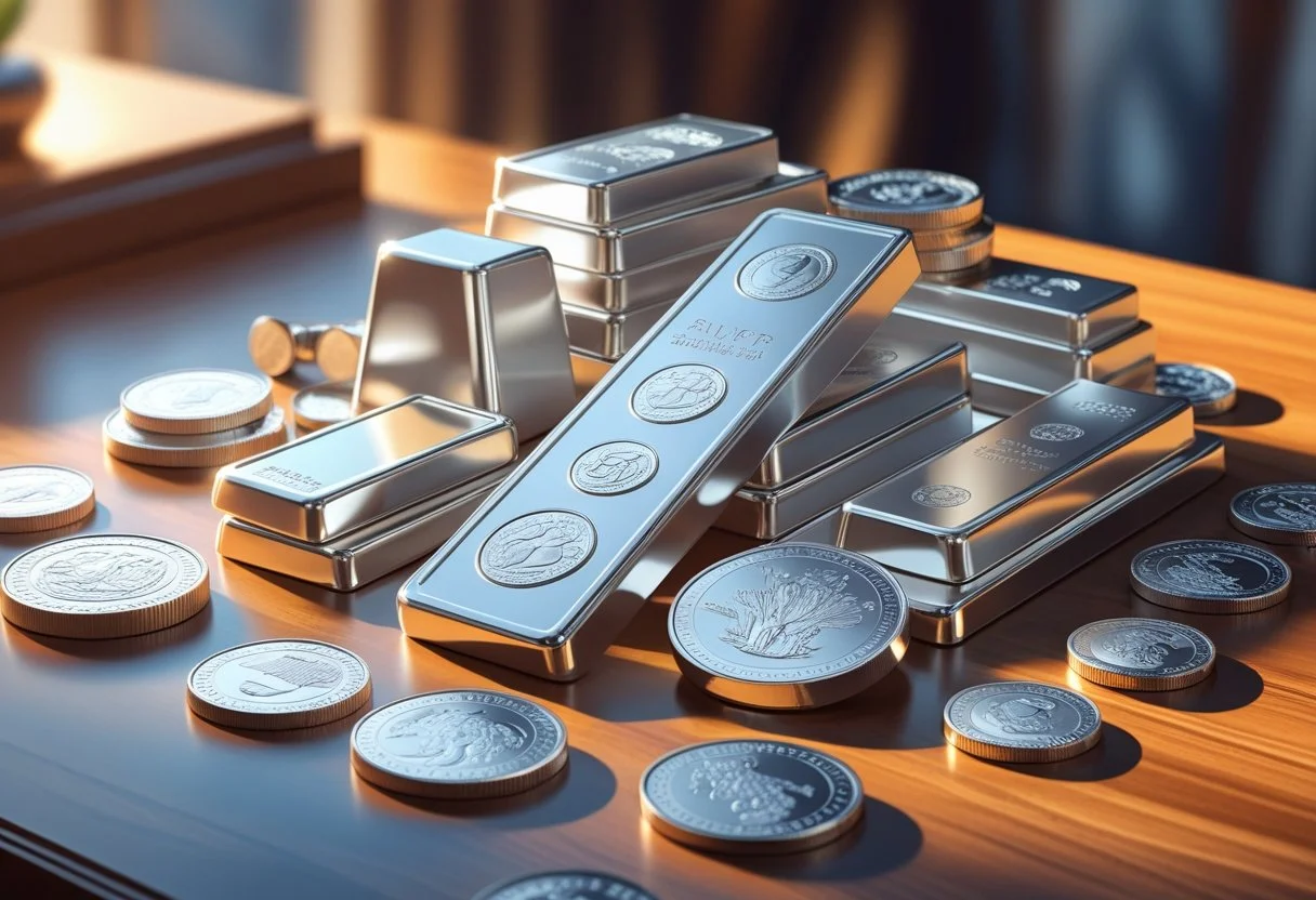 Silver bullion bars and coins on a desk