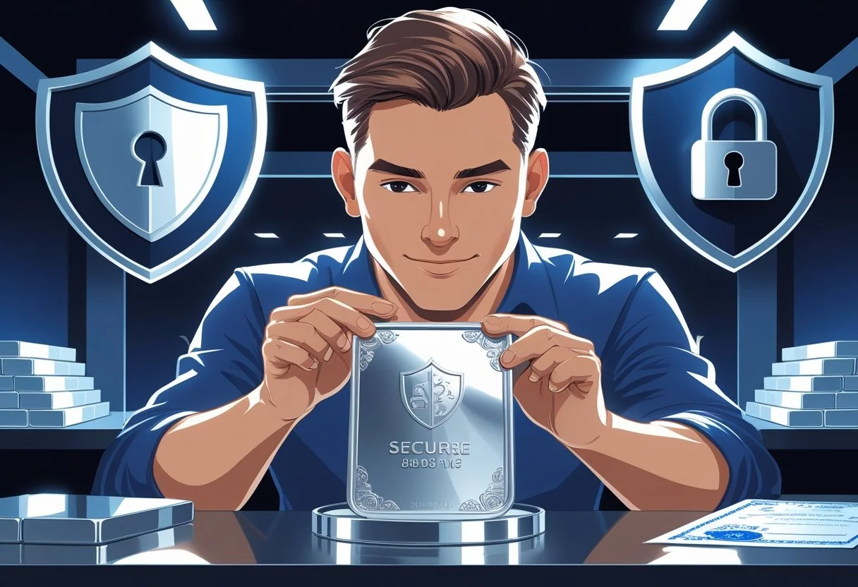 man holding silver bar inside a silver storage vault