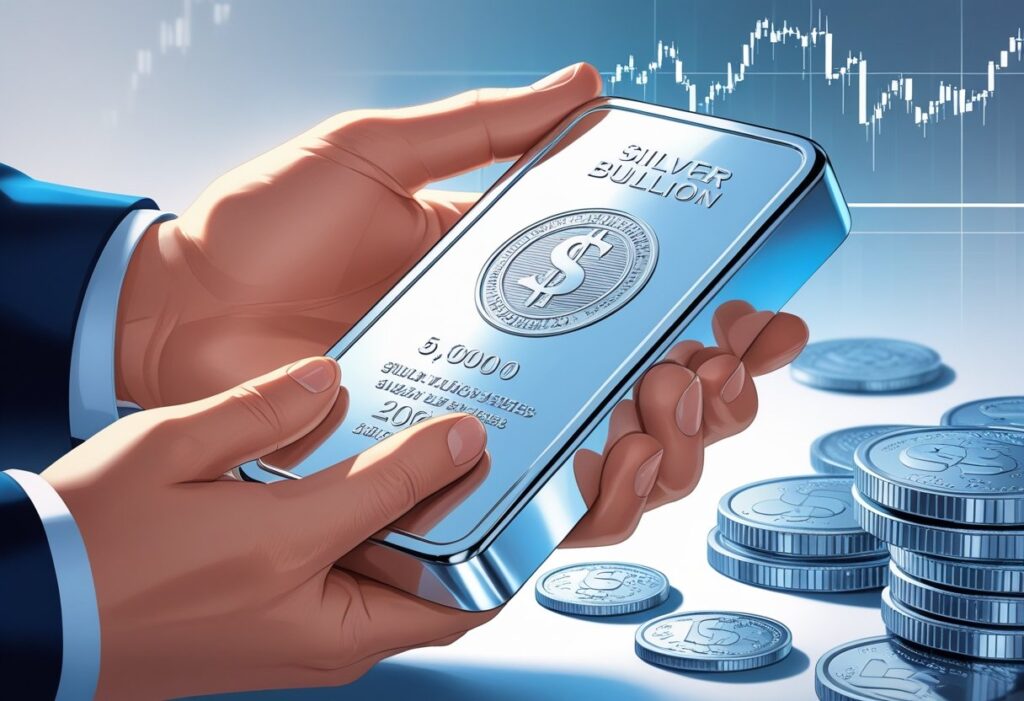 Silver Bar held in hands with silver coins in the background