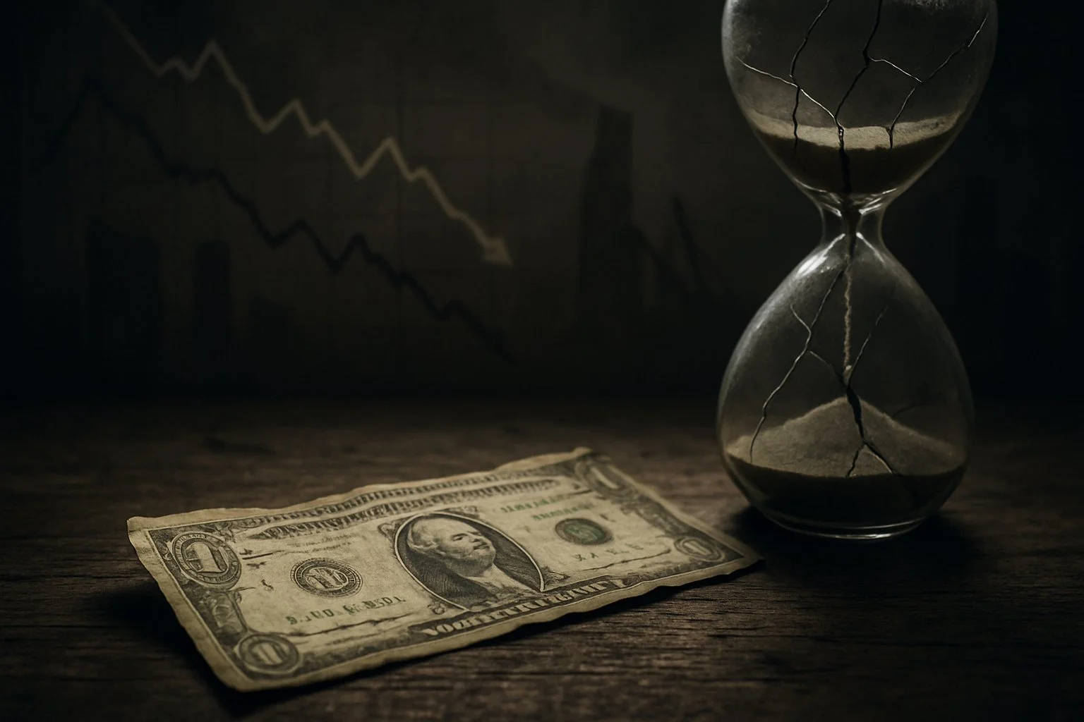 A close-up of a worn U.S. dollar bill on a wooden table surrounded by symbols of economic decline like a cracked hourglass and fading financial charts.