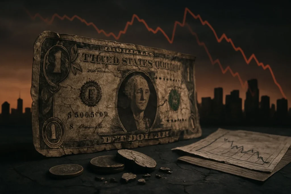 A worn US dollar bill fading in front of a dark city skyline with falling stock graphs and crumbling coins around it.
