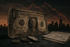 A worn US dollar bill fading in front of a dark city skyline with falling stock graphs and crumbling coins around it.