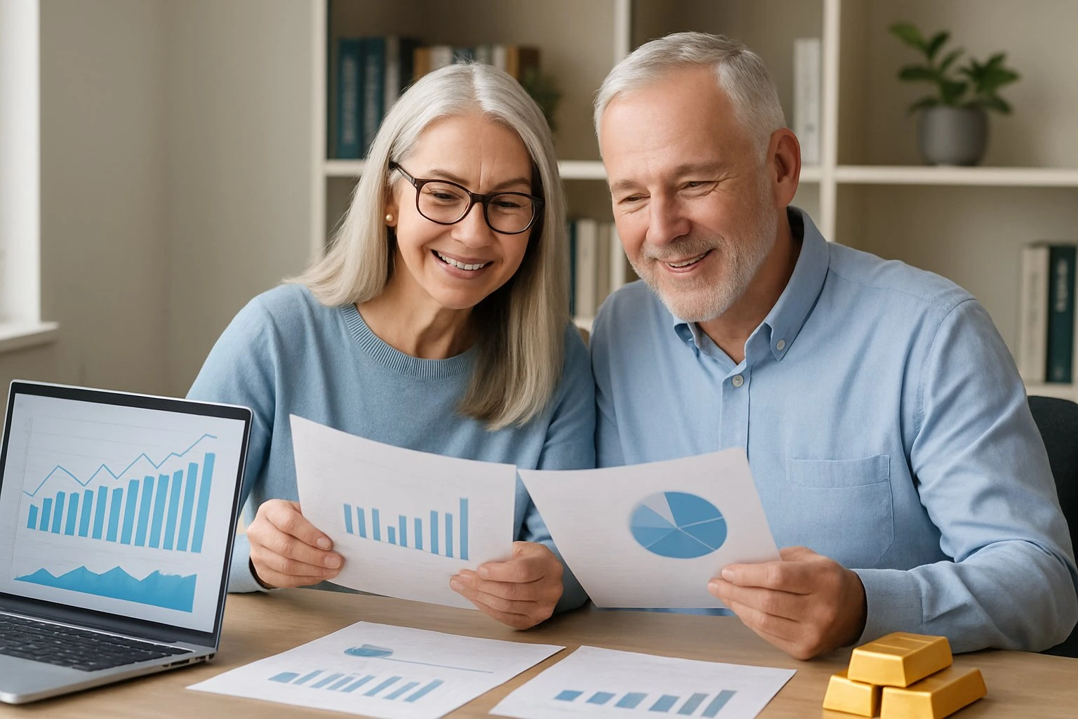 stocks, paperwork, couple retirees