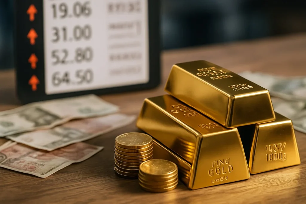 gold-bars-and-coins-on-table-next-to-paper-money