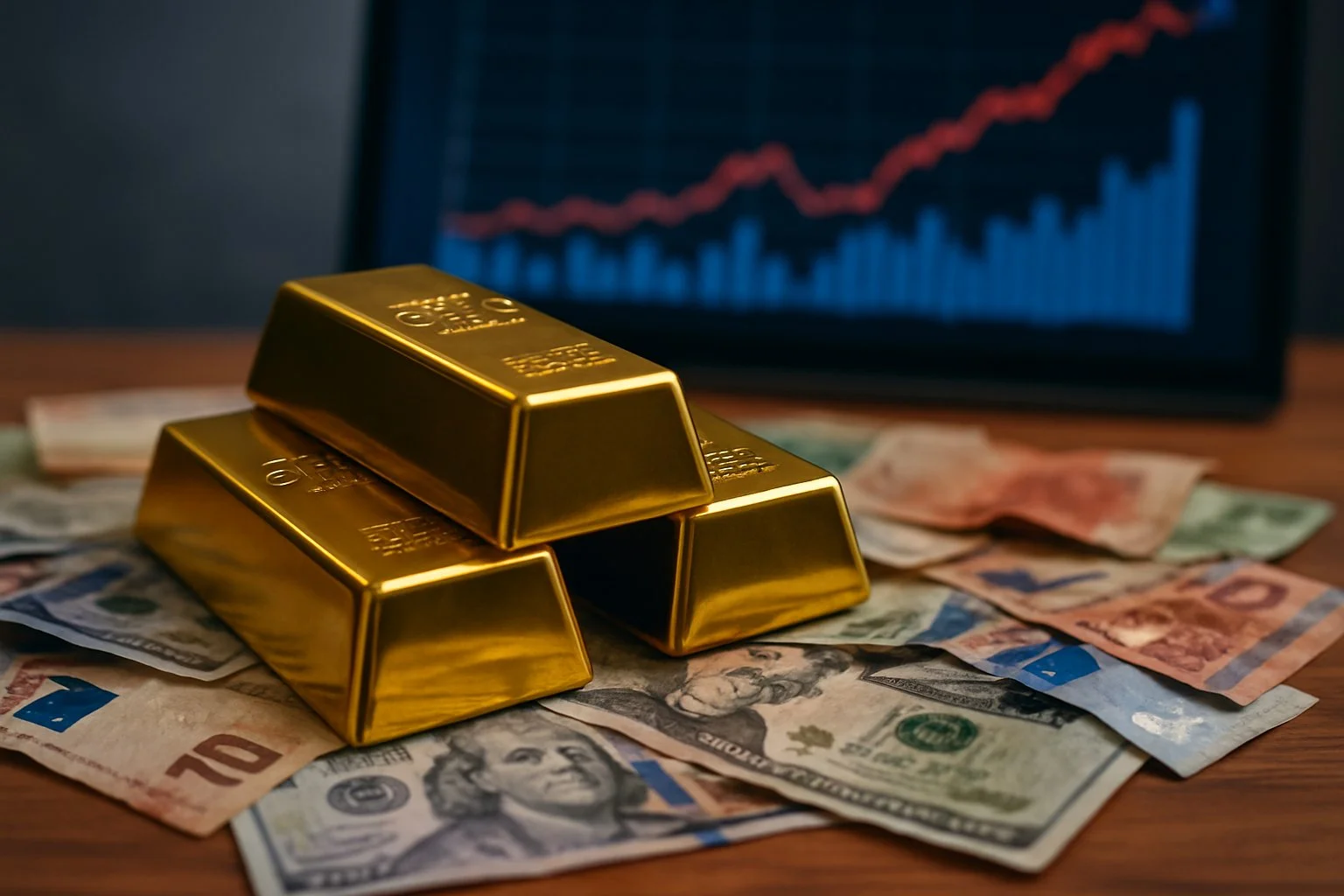gold-bars-on-top-of-paper-money-with-chart-in-background