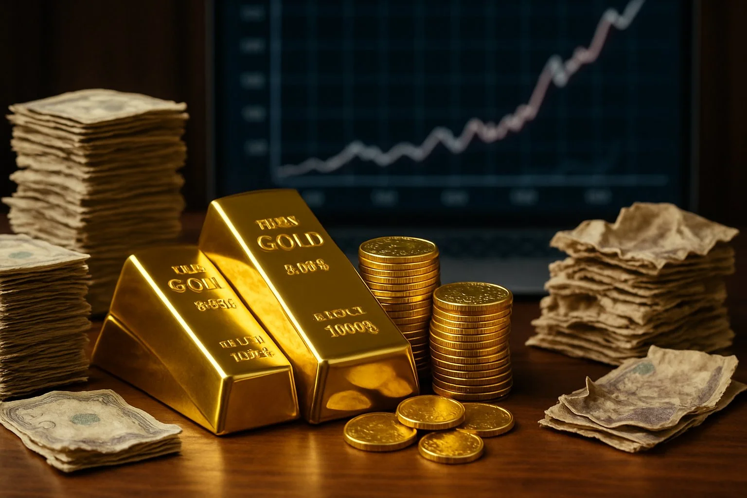 gold-on-a-table-with-a-lot-of-worthless-paper-money