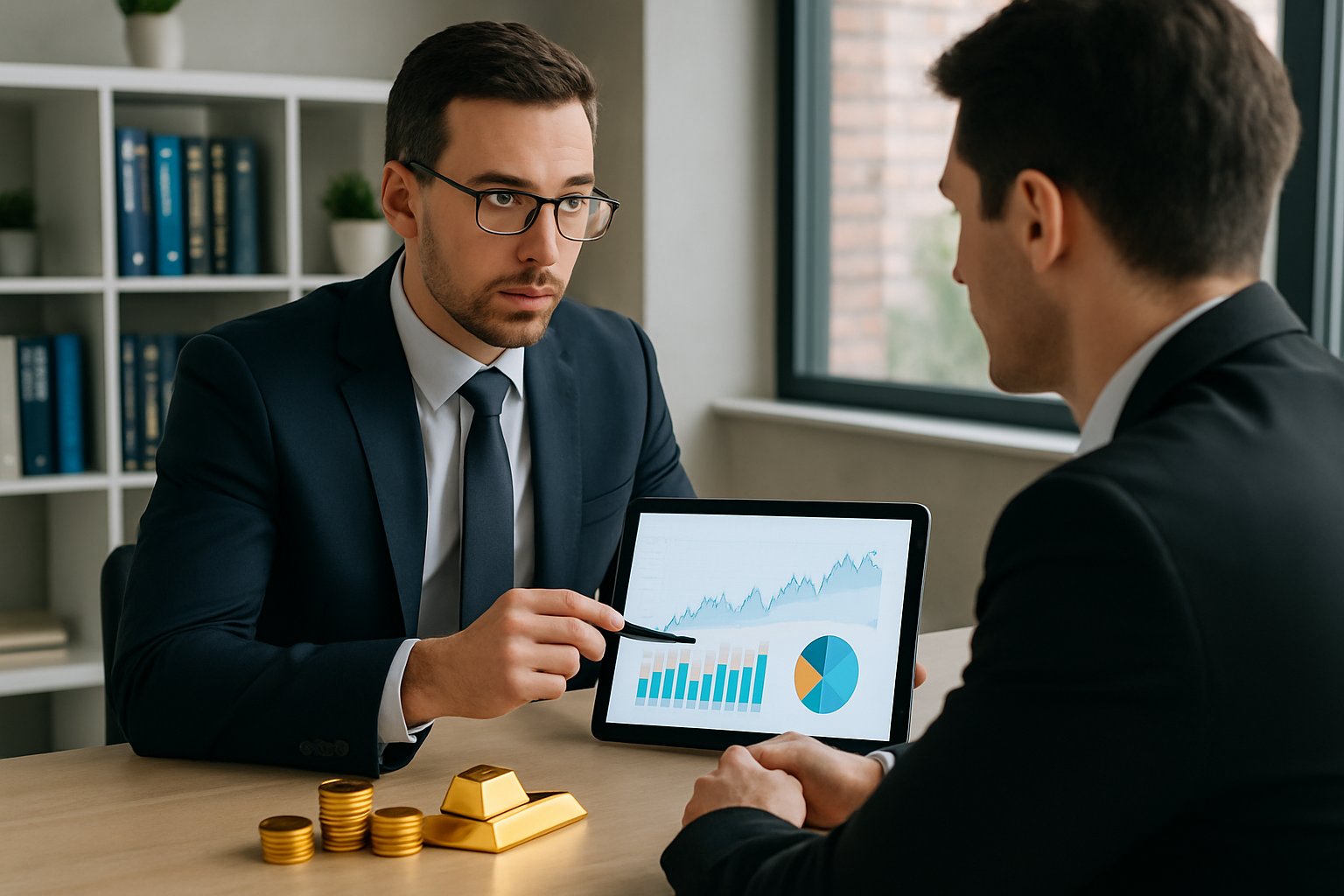 A financial advisor discussing investment options with a client in an office, with gold coins and gold bars on the desk.