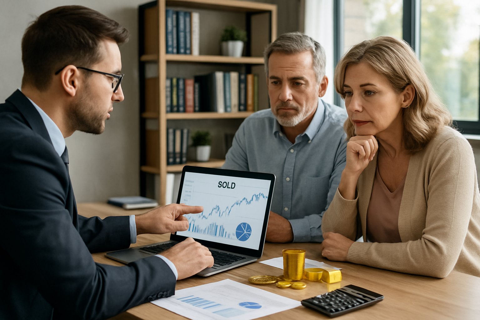 A financial advisor discussing investment options with a couple in an office, with gold coins and documents on the desk.