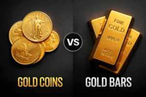 Left shows gold coins labelled 'GOLD COINS' facing right; right shows gold bars labelled 'GOLD BARS' with a central 'VS' circle, illustrating a coin-versus-bar comparison.