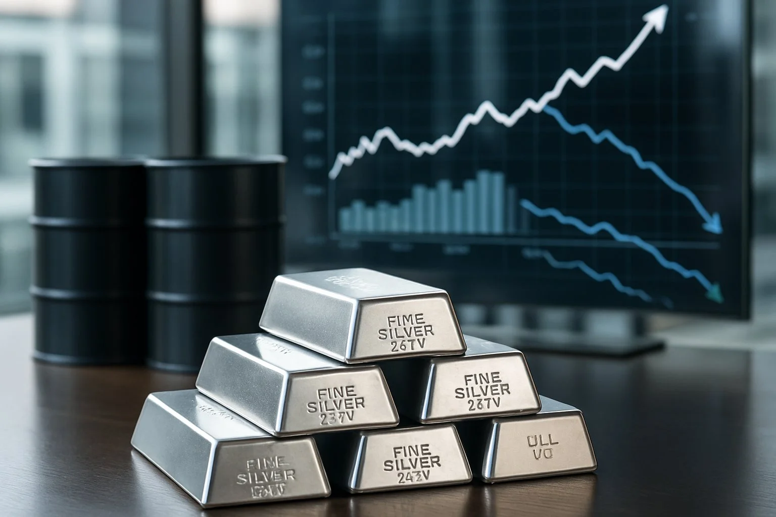 Stocks with Oil barrel and 6 Silver bars