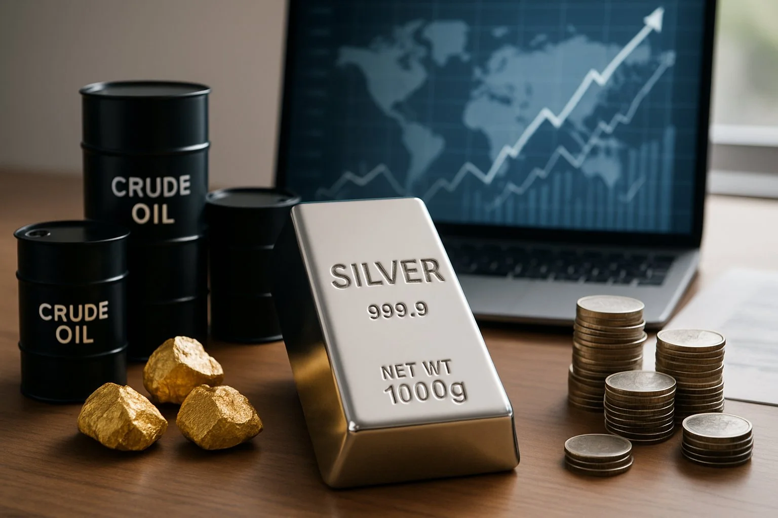 Crude Oil with Silver Bar and Gold Nuggets