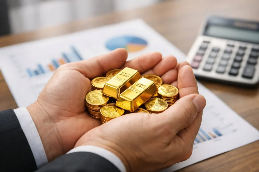 Gold In hands coins and bars