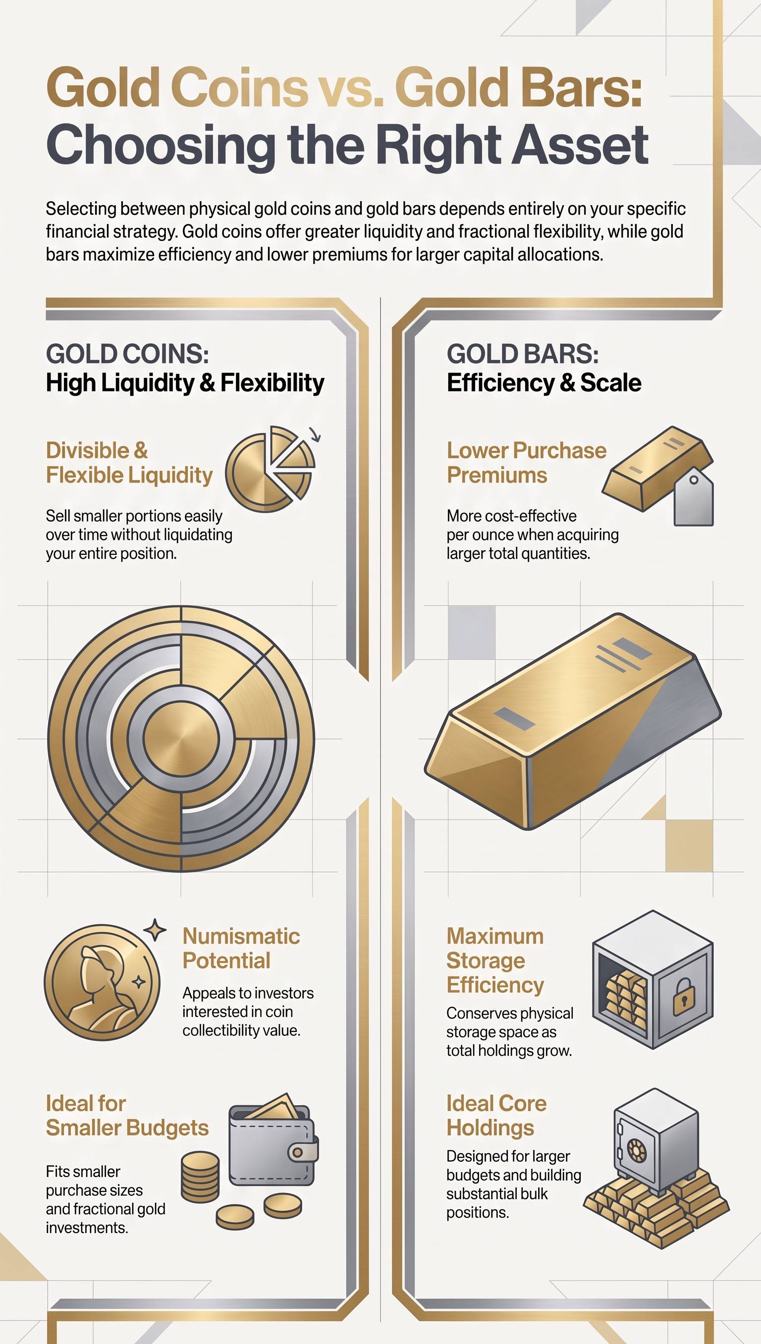 __Is It Better to Buy Gold Coins or Gold Bars | Metals Edge Two-column infographic comparing gold coins and gold bars: coins for liquidity vs bars for efficiency and scale, with related icons and text