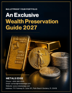 Promotional banner advertising 'An Exclusive Wealth Preservation Guide 2027' with gold bars and coins on a dark background