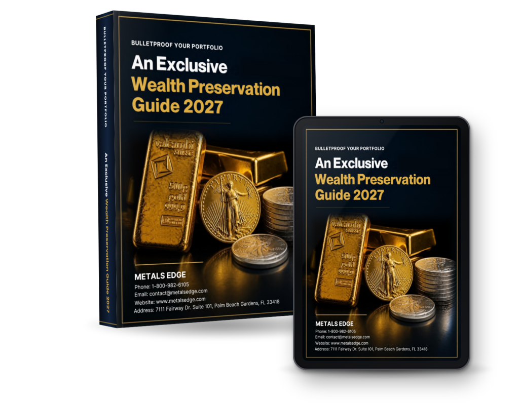 Cover of a dark blue book and a tablet showing the same title: 'An Exclusive Wealth Preservation Guide 2027' with gold bars and coins motif (Metals Edge branding).